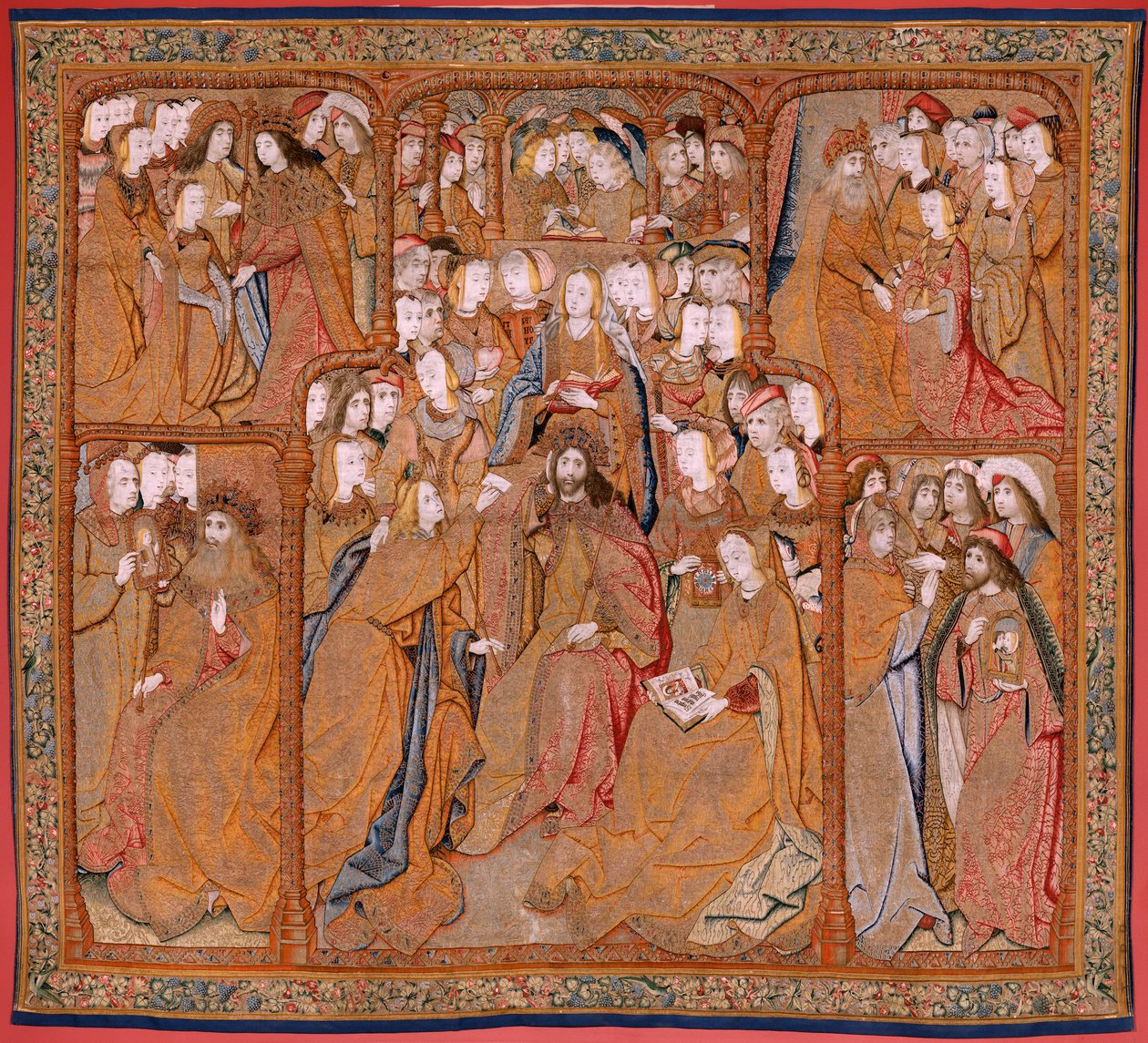 Flamandzki gobelin. Seria Triumfy Matki lub Paños de Oro. Zwiastowanie (La Anunciación). Drugi gobelin w serii. Model Colin de Cooter (?). Wytwórnia Pieter van Aelst (lub van Edingen), Bruksela. Około 1500-1502. Tkanina Złoto, srebro, jedwab i wo autorstwa Pieter (studio of) Coecke van Aelst