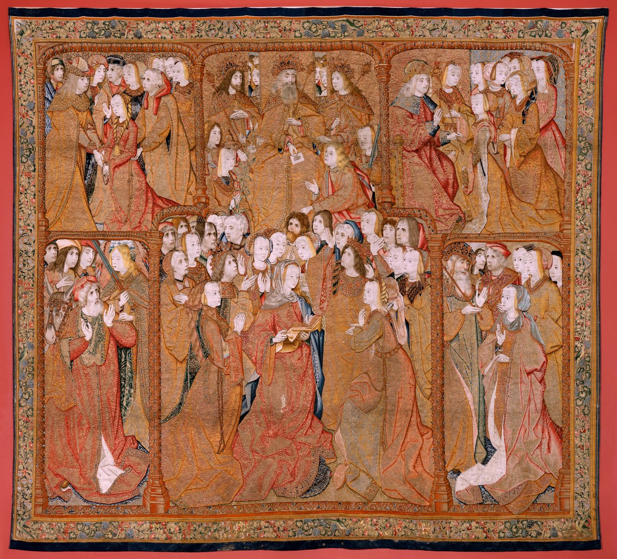 Flamandzki gobelin. Seria Triumfy Matki lub Paños de Oro. Boże ześlij Archanioła Gabriela (Dios envía al Arcángel Gabriel). Pierwszy gobelin z serii. Model Colin de Cooter (?). Wytwórnia Pieter van Aelst (lub van Edingen), Bruksela. Ca1500-1502. F autorstwa Pieter (studio of) Coecke van Aelst