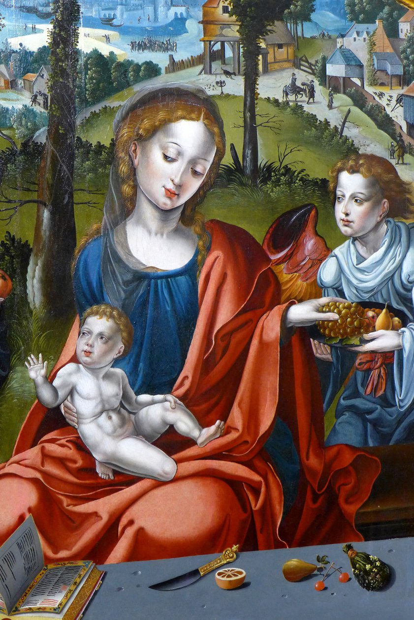 Maryja, Dzieciątko Jezus i anioł. Fragment tryptyku Świętej Rodziny autorstwa Pieter (studio of) Coecke van Aelst