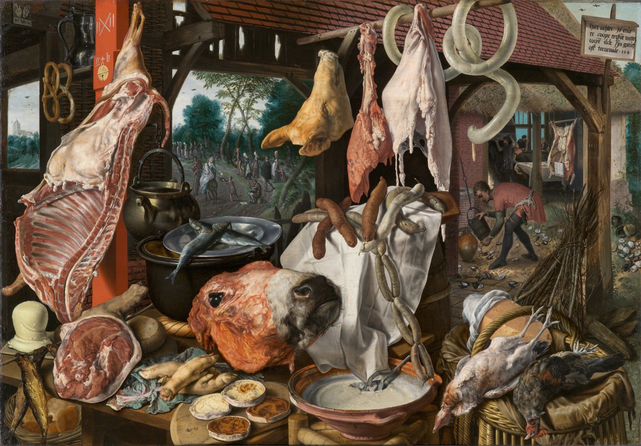 Martwa natura z mięsem i święta rodzina autorstwa Pieter Aertsen
