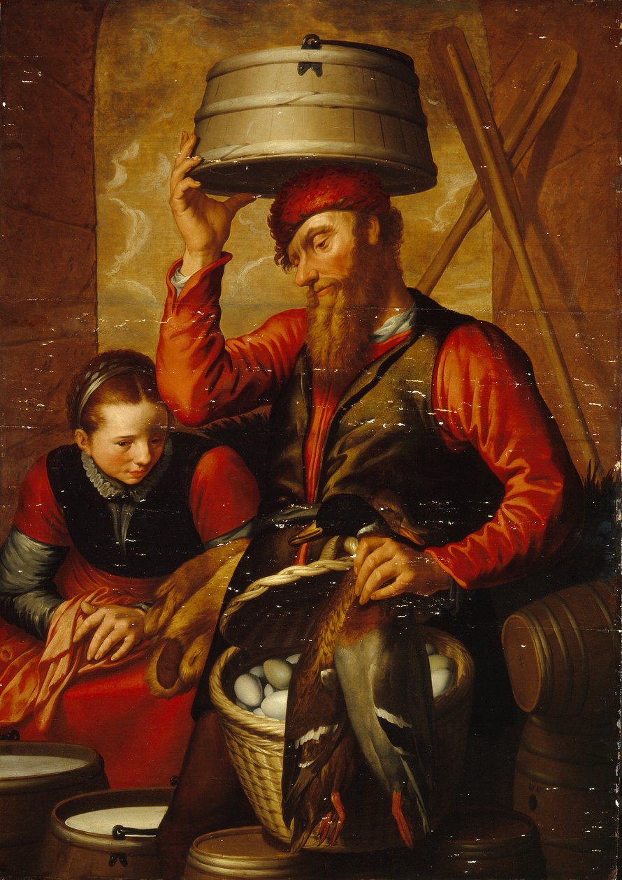 Sprzedawca drobiu (sprzedawca ptactwa). Kilku chłopów w tradycyjnych strojach przygotowuje swoje koszyki z jajkami i towary na targ. Obraz Pietera Aertsena (1508-1575), olej na drewnie autorstwa Pieter Aertsen