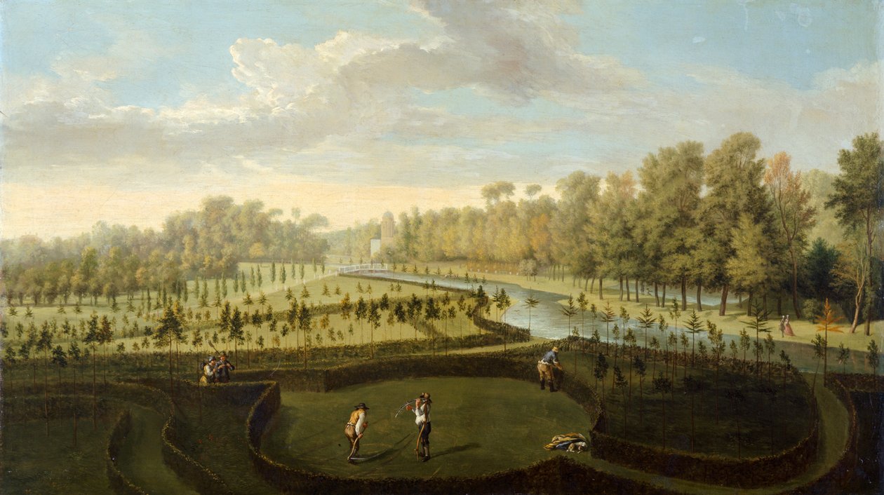 Ogrody w Chiswick House od zachodu (olej na desce) autorstwa Pieter Andreas Rysbrack