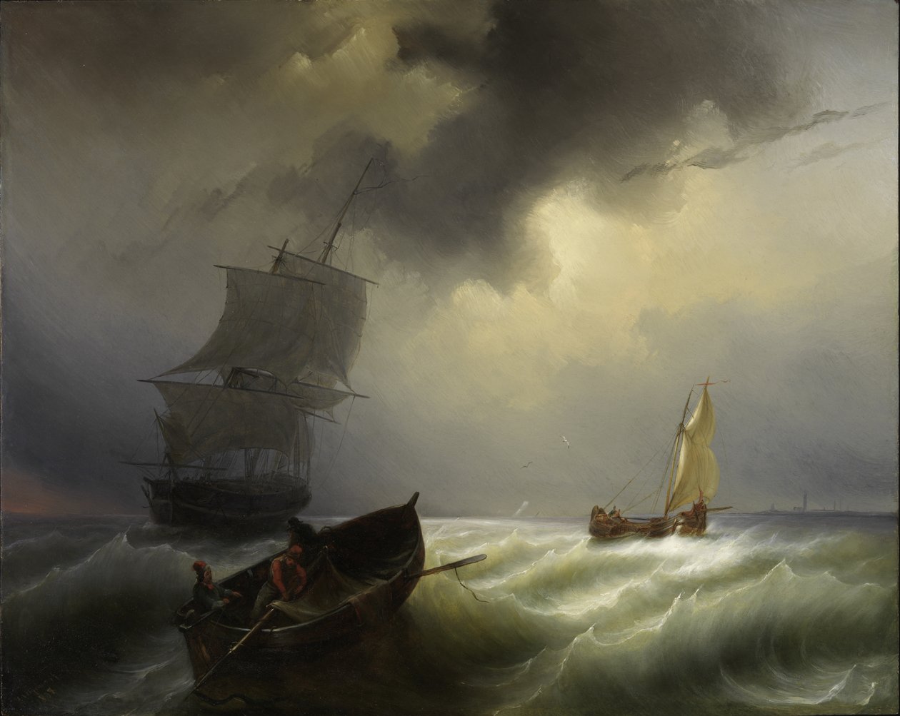Statki na morzu w silnym wietrze, 1838 autorstwa Pieter Arnout Djixhoorn