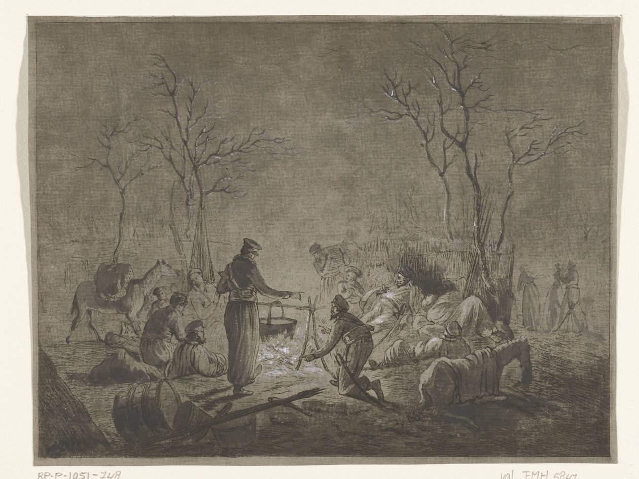 Biwak Kozaków przy pożarze podczas okupacji francuskiej w 1813 roku w Amsterdamie autorstwa Pieter Bartholomeusz. Barbiers