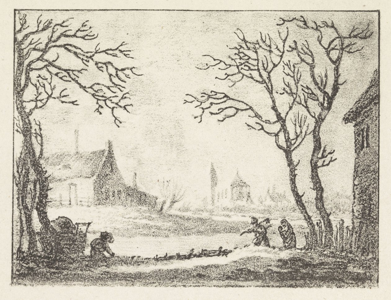 Zimowy krajobraz z domami i postaciami autorstwa Pieter Bartholomeusz. Barbiers