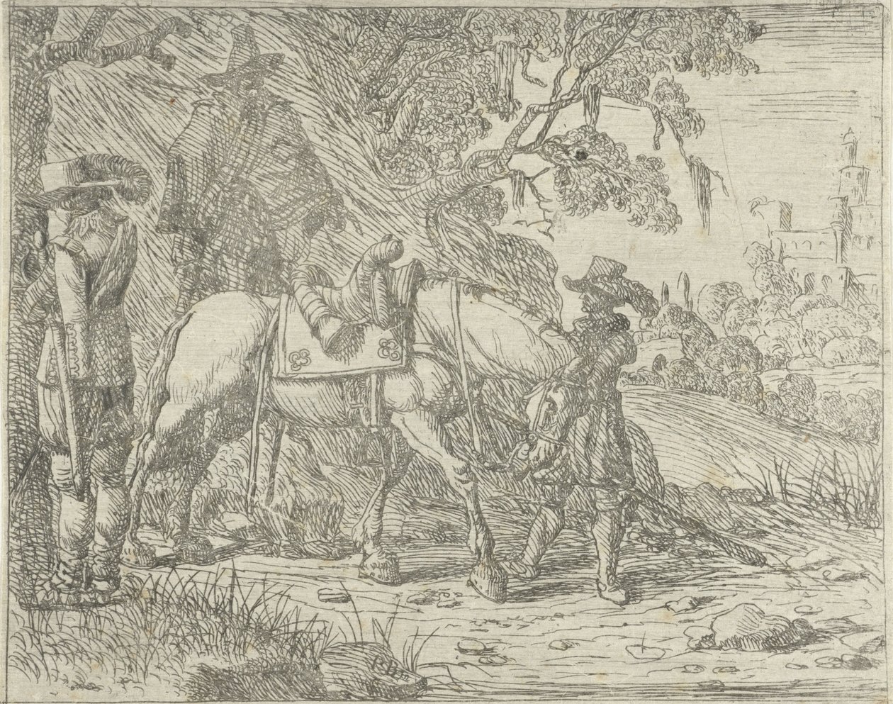 Osiodłany koń z żołnierzami autorstwa Pieter Bodding van Laer
