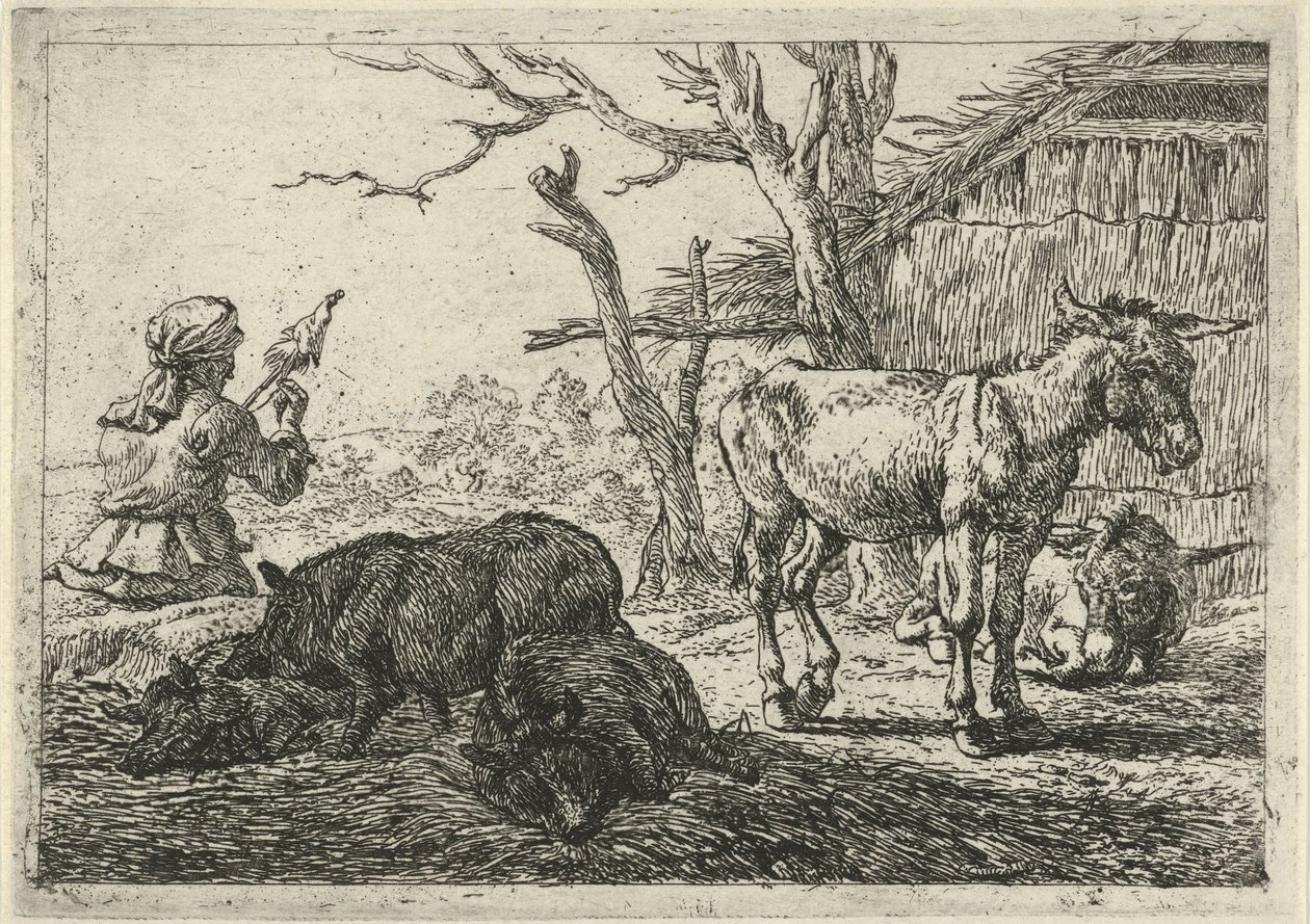 Kobieta spinning, świnia i osły Różne zwierzęta (tytuł serii) autorstwa Pieter Bodding van Laer