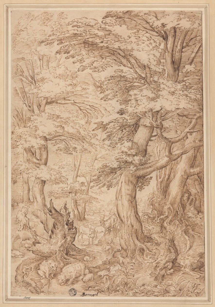 Krajobraz leśny z dzikimi zwierzętami autorstwa Pieter Bruegel the Elder