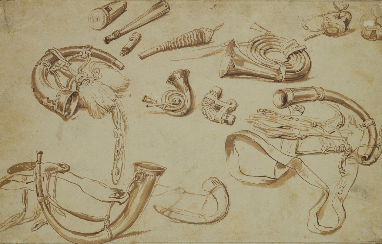 Akcesoria myśliwskie (ołówek, długopis i atrament na papierze) autorstwa Pieter Bruegel the Elder