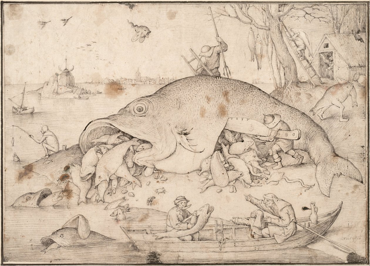 Duża ryba zjada małą rybę, 1556 autorstwa Pieter Bruegel the Elder