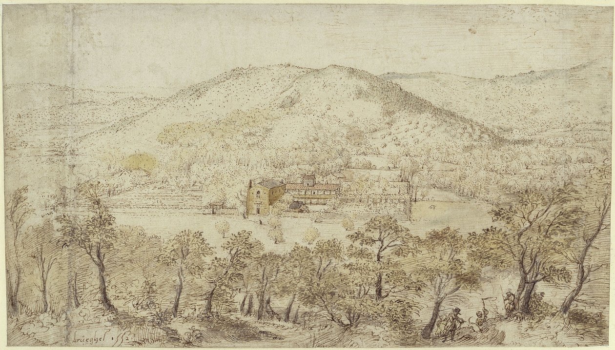 Południowy pagórkowaty krajobraz z budynkami klasztornymi autorstwa Pieter Brueghel the Elder