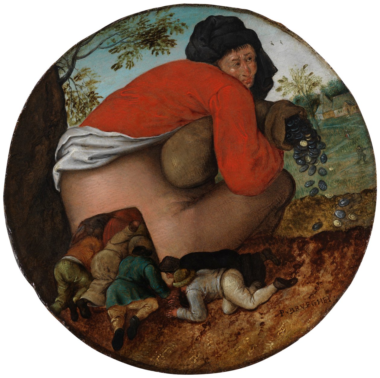 Człowiek z workiem pieniędzy i pochlebcy autorstwa Pieter Brueghel the Younger
