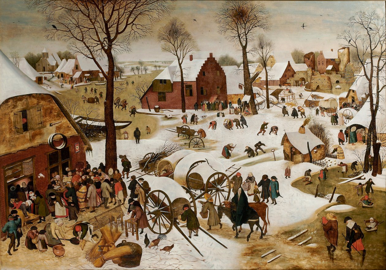 Spis ludności w Betlejem Numeracja w Betlejem, początek XVII wieku.. autorstwa Pieter Brueghel the Younger