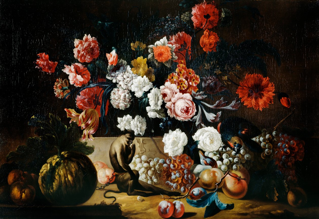 „Martwa natura z małpą”, XVIII wiek autorstwa Pieter Casteels