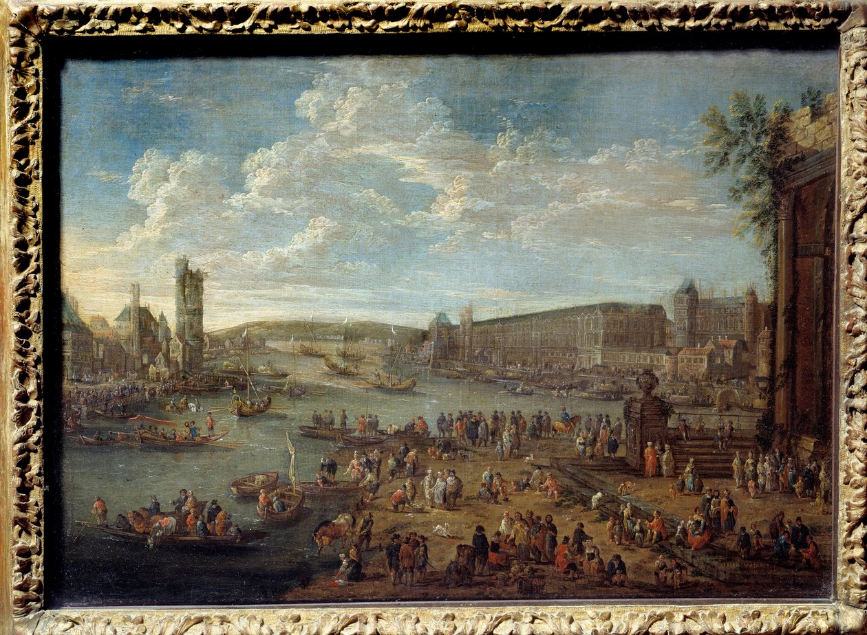 Widok na Luwr i Wieżę Nesles zaczerpnięty z Ile de la Cite w Paryżu. Obraz Pietera Li Casteelsa (1684-1749) autorstwa Pieter Casteels