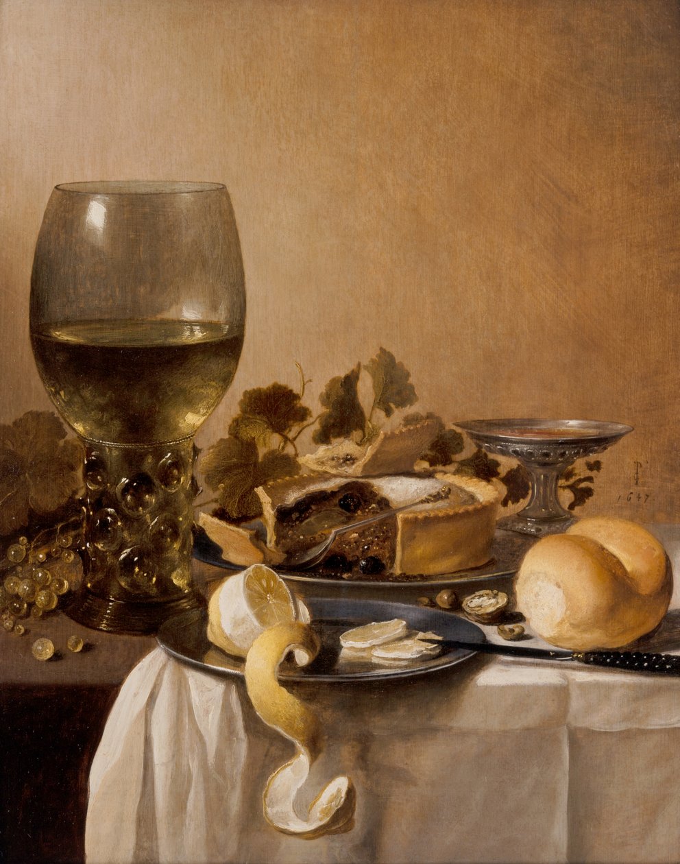 Gigantyczny Roemer, Srebrna Tazza, Ciasto autorstwa Pieter Claesz