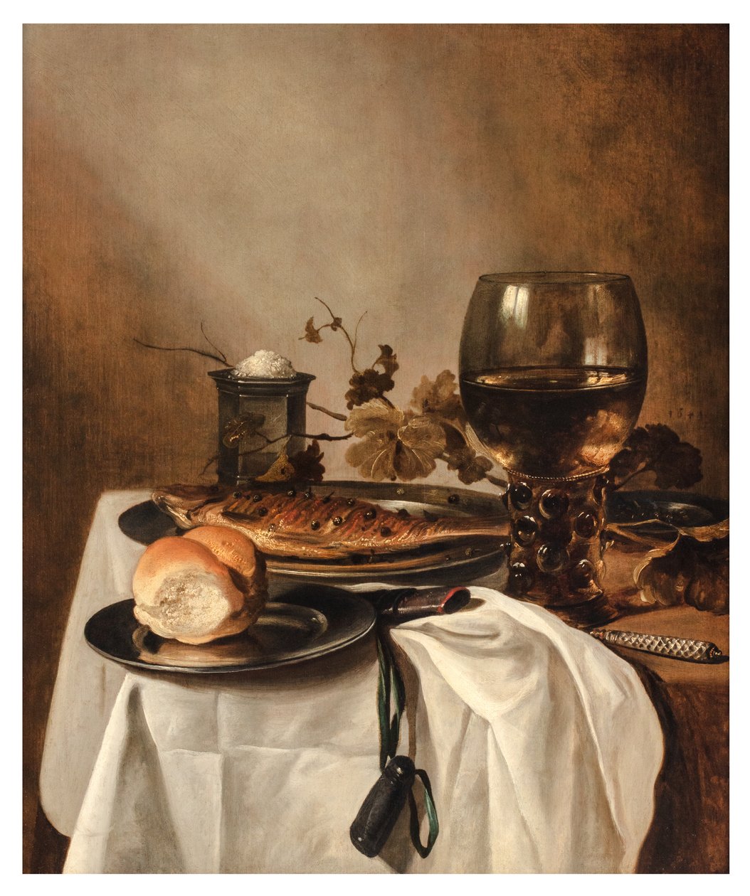 Bułka, śledź, srebrna solniczka, duży roemer i nóż na drapowanym stole, ok. 1644 (olej na desce) autorstwa Pieter Claesz