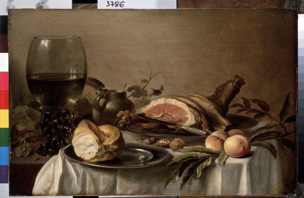 "Martwa natura śniadania z szynką, chlebem, brzoskwiniami i orzechami"" (Śniadanie z szynką) Obraz Pietera Claesza (ok. 1597-1660) 1647 Wymiary 40x61 cm Sankt petersburg, pustelnia autorstwa Pieter Claesz