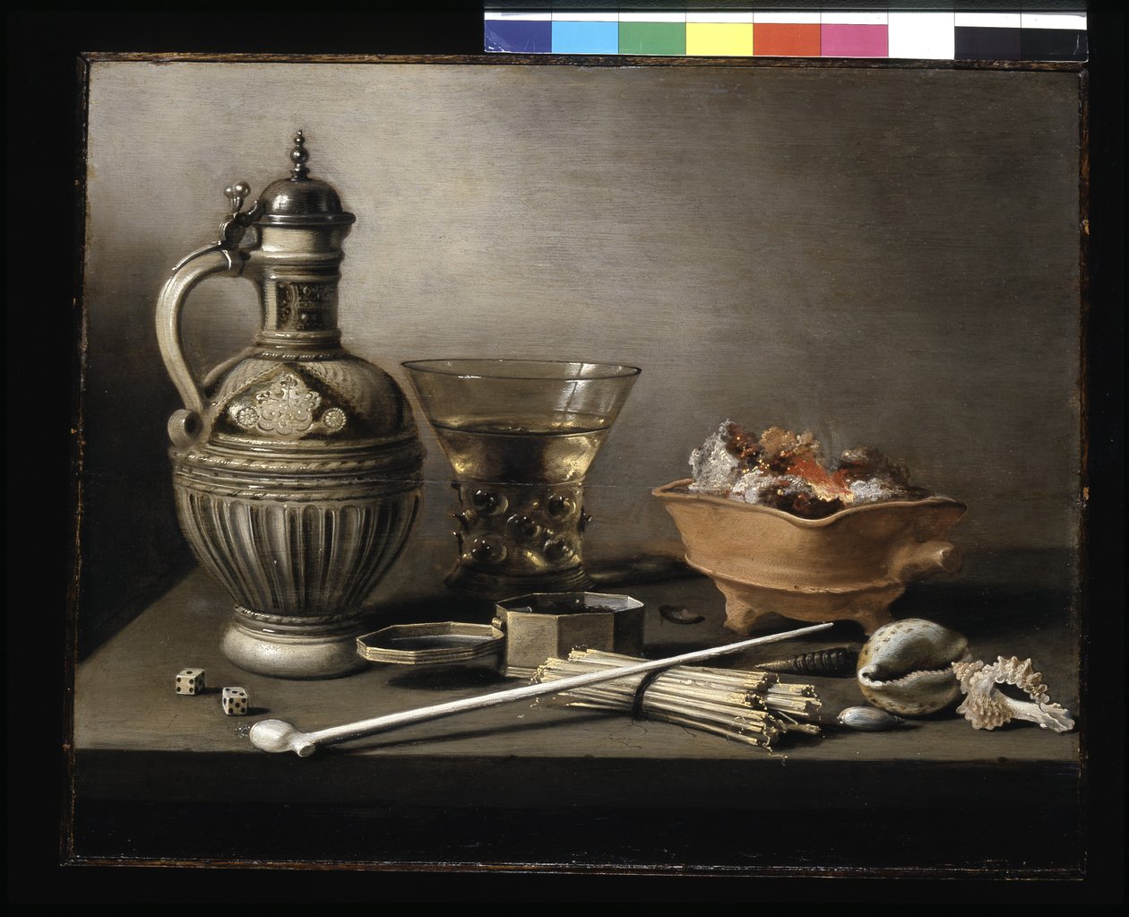 Martwa natura z kamionkowym dzbanem, berkemeyerem i przyborami do palenia (olej na drewnie) autorstwa Pieter Claesz