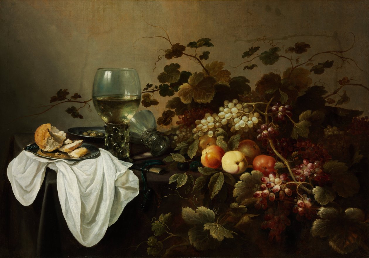 Martwa natura z owocami i Roemerem - Peinture de Pieter Claesz (ok. 1597-1660) - 1644 - Olej na płótnie - 104,5x146 - Muzeum Szepmuveszeti, Budapeszt autorstwa Pieter Claesz