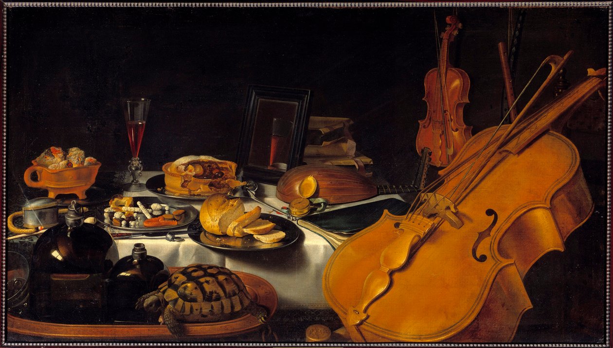 Martwa natura z instrumentami muzycznymi Żółw, ciasto, kieliszek wina, chleb. Obraz Pietera Claesza (1597-1661) (ek.hol.) 1623 nd. 0,69x1,22 m² autorstwa Pieter Claesz