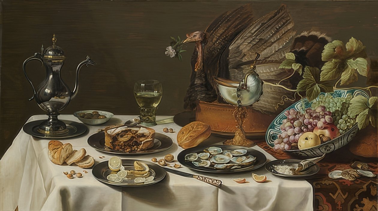 Martwa natura z ciastem z indyka. 1627 autorstwa Pieter Claesz