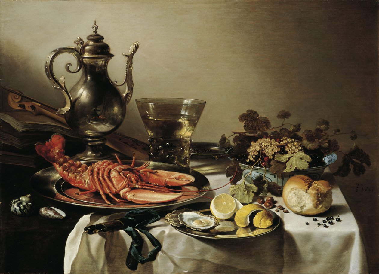 Stół z homarem, srebrnym dzbanem, dużym Berkemeyerem, miską na owoce, skrzypcami i książkami, 1641 autorstwa Pieter Claesz