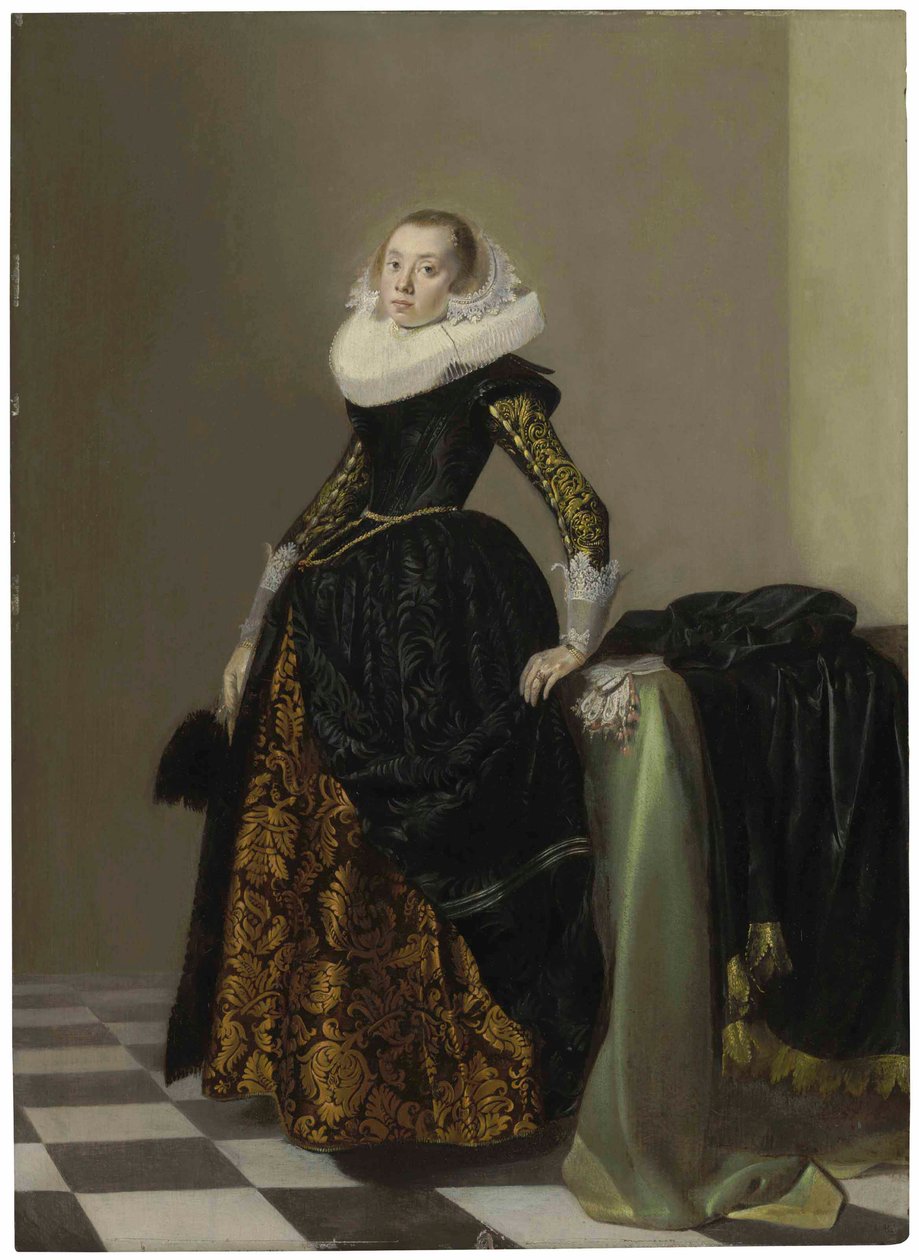 Portret bogato ubranej młodej damy, całej długości, przed udrapowanym stołem autorstwa Pieter Codde
