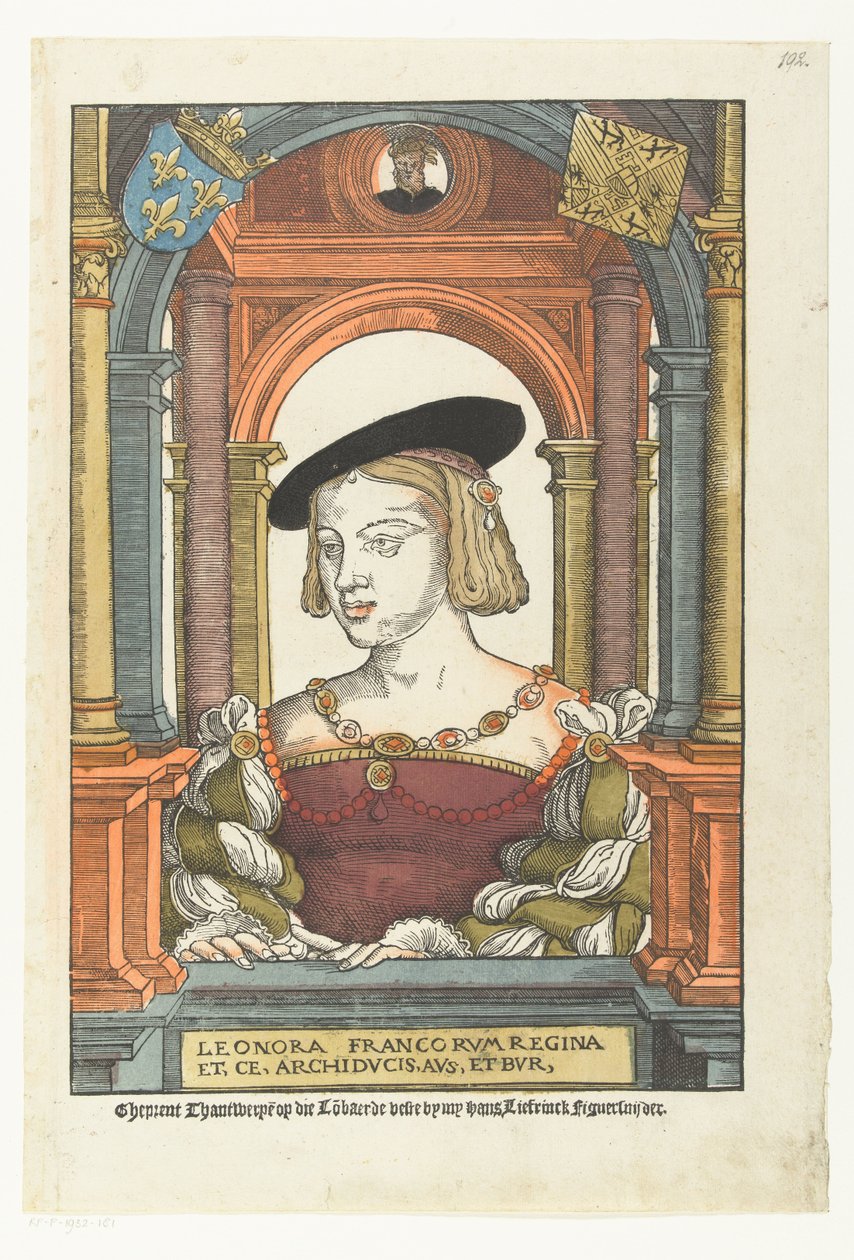 Portret van Eleonora van Frankrijk Leonora królowa Franków i ce, arcyksiążę, aus i bur, (tytuł na obiekcie) autorstwa Pieter Coecke van Aelst (I) (circle of)