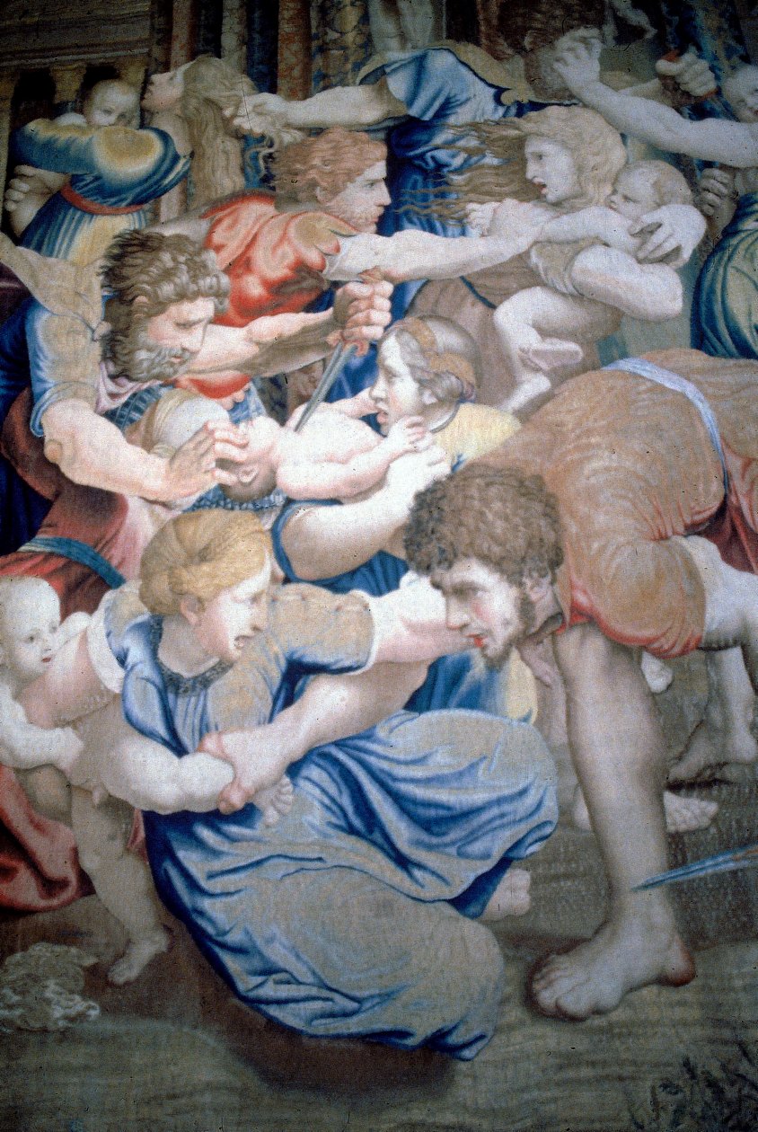 Fragment gobelinu przedstawiającego rzeź niewiniątek, ok. 1520-31 (wełna i jedwab) autorstwa Pieter Coecke van Aelst