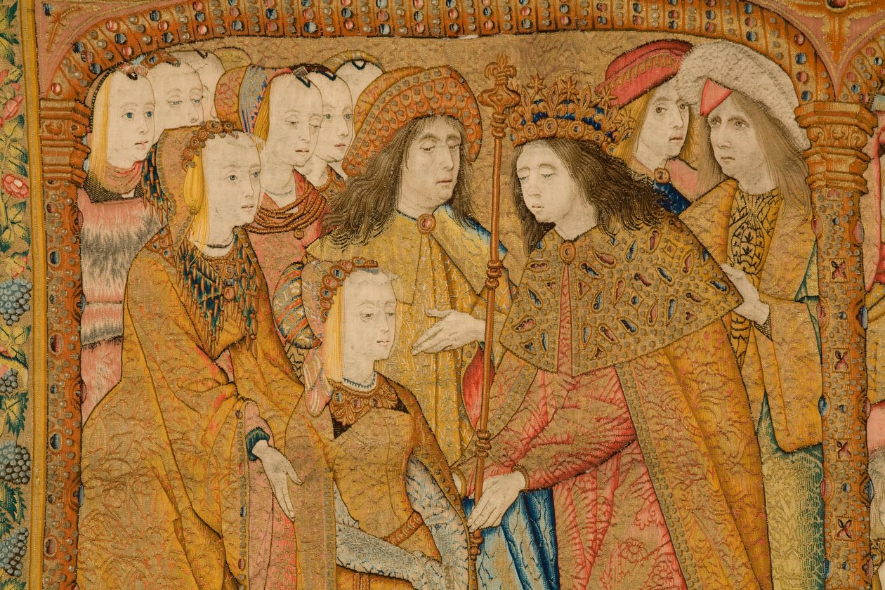 Flamandzki gobelin. Zwiastowanie. Detal, ok.1502-04 (złoto, srebro, jedwab i wełna) autorstwa Pieter Coecke van Aelst
