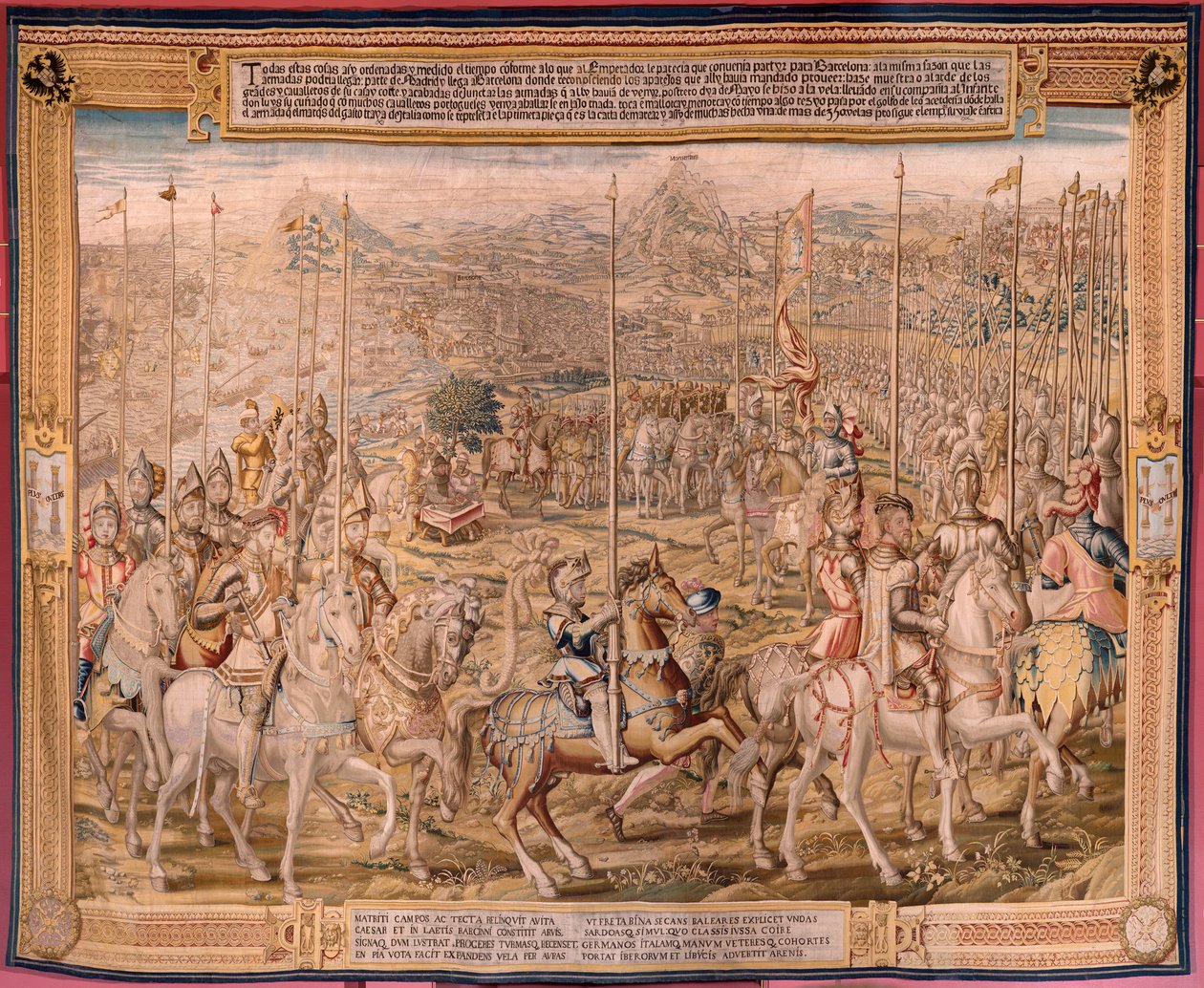 Flamandzki gobelin. Seria Podbój Tunisu; Przegląd wojsk w Barcelonie (La revista de las tropas en Barcelona). Drugi gobelin w serii. Model Jan Vermeyen i Pieter Coecke van Aelst. 1543-1548. Produkcja Real Fábrica de Tapices de Sant autorstwa Pieter Coecke van Aelst