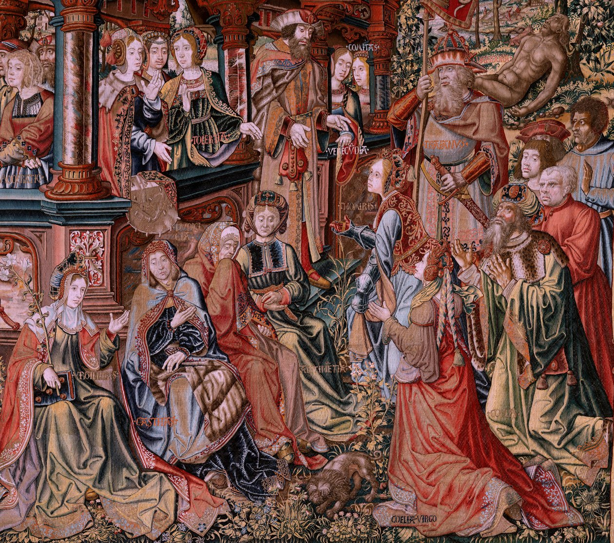 Flamandzki gobelin. Seria Honory. Cnota (La Virtu, El Vicio). Ósmy gobelin z serii. Wzorcowi rysownicy z kręgu Bernarda van Orleya i Jana Gossaerta (Mabuse). Manufaktura Pieter van Aelst, Bruksela. ok. 1550. Tkanina Złoto, srebro, jedwab a autorstwa Pieter Coecke van Aelst