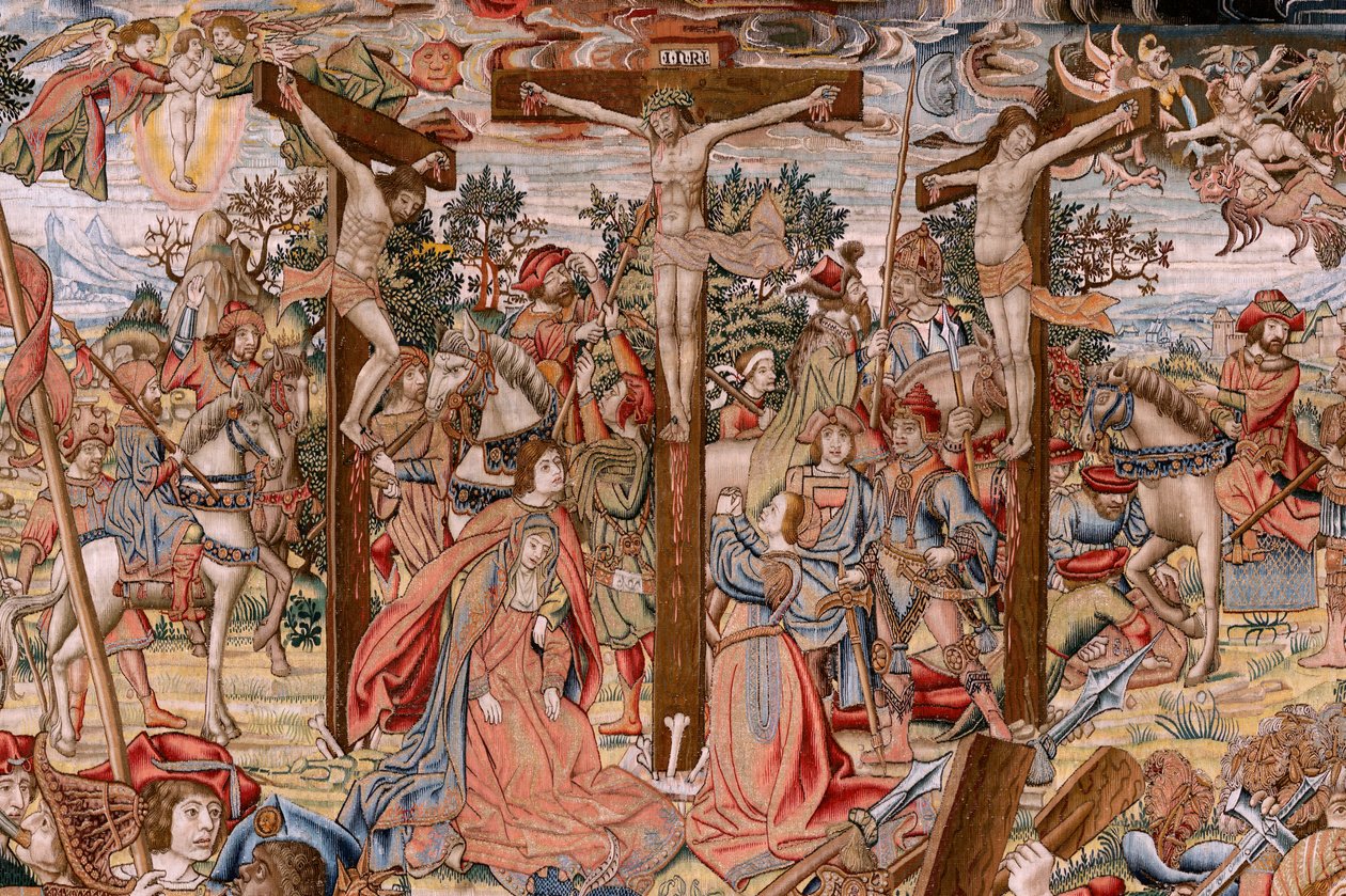 Flamandzki gobelin. Seria Męka Chrystusa; Droga na Kalwarię i spotkanie z Weroniką (Camino del Calvario y encuentro con la Verónica). Pierwszy gobelin z tych przechowywanych przez Dziedzictwo Narodowe. Wzorcowi rysownicy z kręgu Jana van Roome i Bern autorstwa Pieter Coecke van Aelst