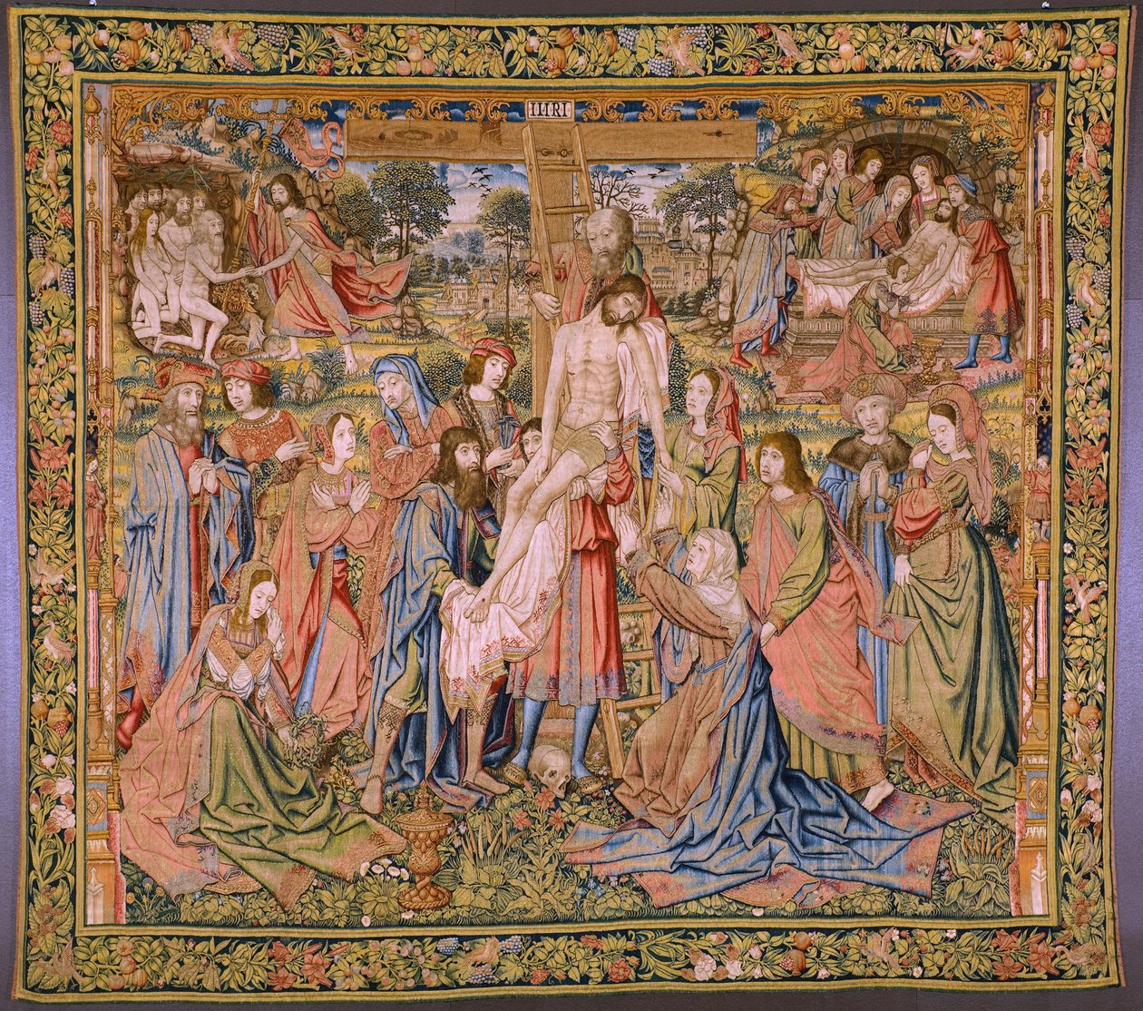 Flamandzki gobelin. Seria Męka Chrystusa: Zejście z krzyża (Kruisafneming, Descendimiento de la cruz). Produkcja Pieter van Aelst. Rysownik Jan van Roome. ok. 1507-1520. autorstwa Pieter Coecke van Aelst