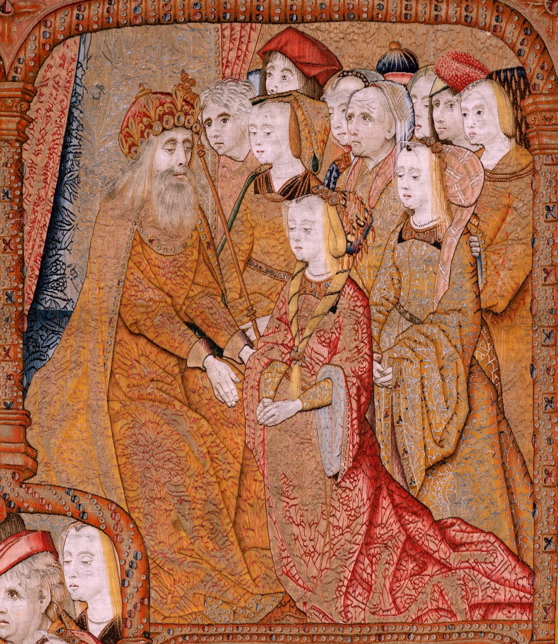Flamandzki gobelin. Seria Triumfy Matki lub Paños de Oro. Zwiastowanie (La Anunciación). Drugi gobelin w serii. Model Colin de Cooter (?). Wytwórnia Pieter van Aelst (lub van Edingen), Bruksela. Około 1500-1502. Tkanina Złoto, srebro, jedwab i wo autorstwa Pieter Coecke van Aelst