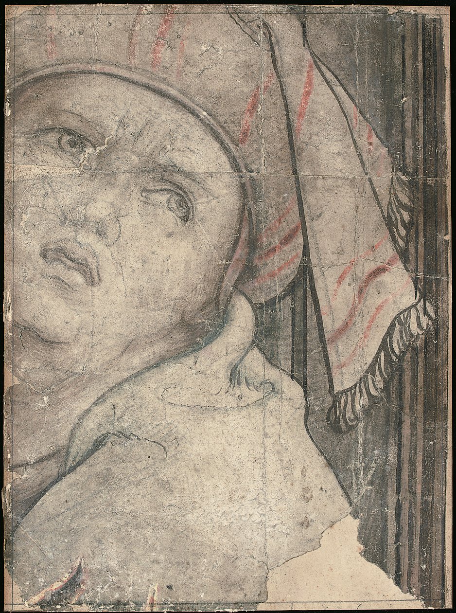 Głowa mężczyzny w turbanie patrząca w górę autorstwa Pieter Coecke van Aelst