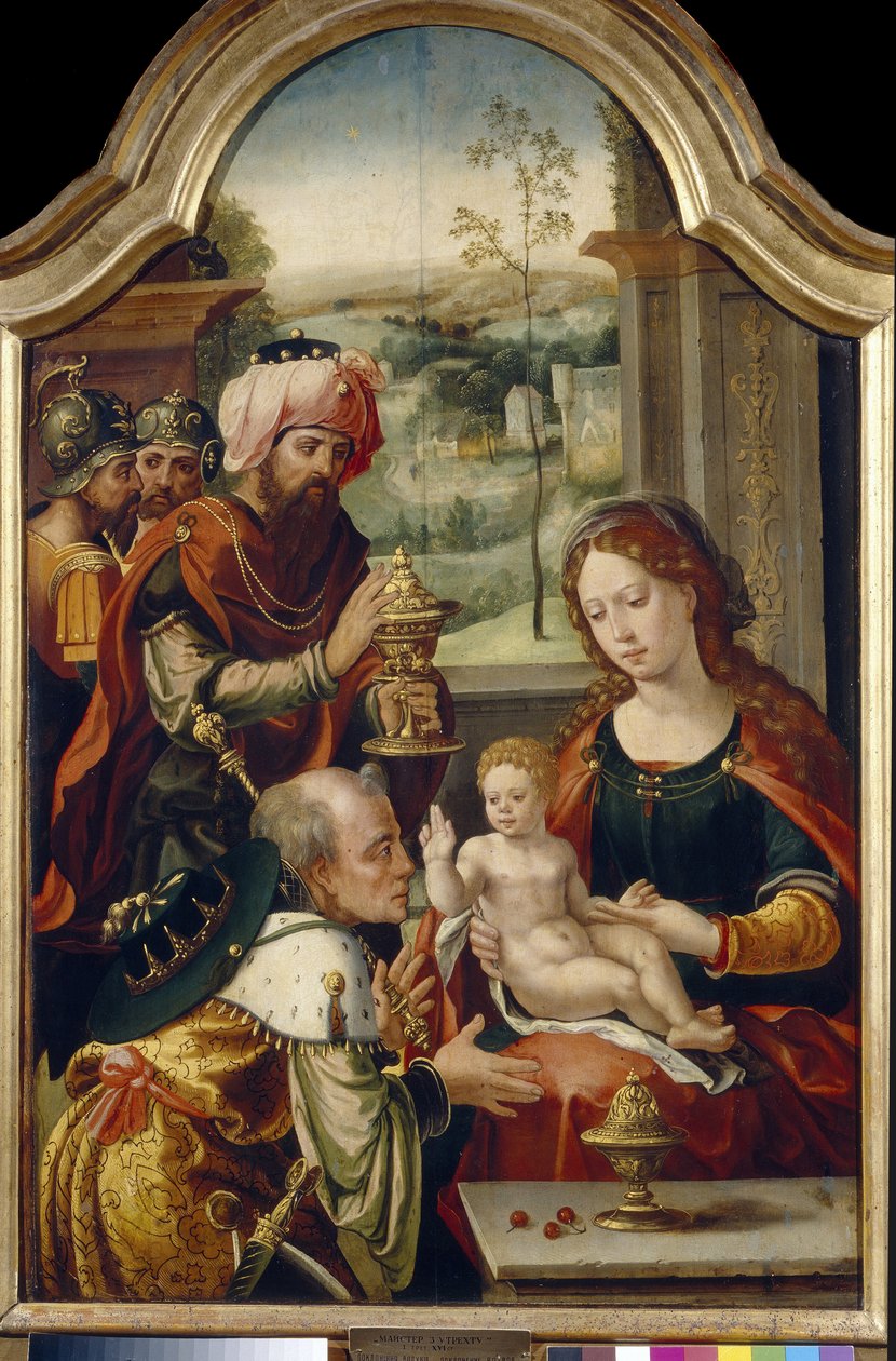 Adoracja Trzech Króli. Obraz Pietera Coecke van Aelsta Starszego (1502-1555), olej na drewnie, pierwsza połowa XVI wieku. prymitywna sztuka flamandzka. Państwowa Galeria Sztuki, Lwów (Ukraina). autorstwa Pieter Coecke van Aelst