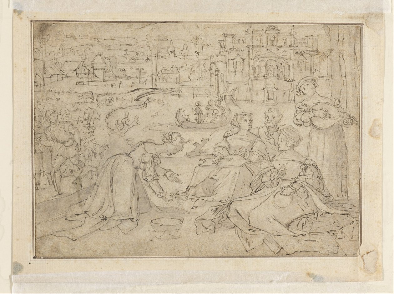 Recto- Miesiąc kwiecień (figury w parku przy zamku); Verso- Młodość z Trzech Wieków Człowieka autorstwa Pieter Coecke van Aelst
