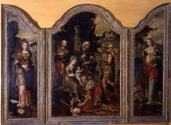 Tryptyk przedstawiający Adorację Trzech Króli i dwóch świętych (olej na desce) autorstwa Pieter Coecke van Aelst
