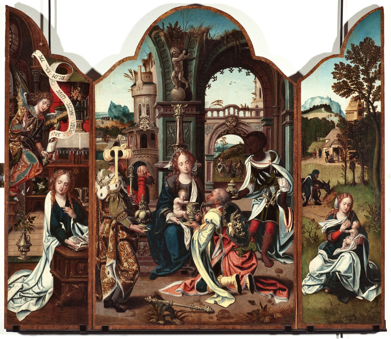 Tryptyk Adoracja Trzech Króli Lewy panel: Zwiastowanie - Prawy panel: Zwiastowanie po lewej i Ucieczka do Egiptu po prawej Obraz Pietera Coecka van Aelsta (1502-1550) XVI-wieczne Genes Musei di Strada Nuova (ex Palazzo Bianco) inw n PB autorstwa Pieter Coecke van Aelst