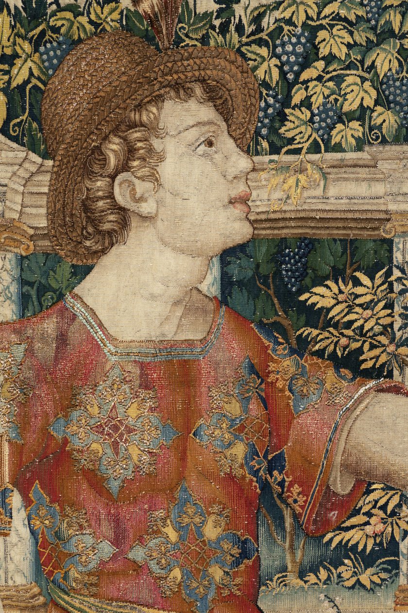 Vertumnus i Pomona: Vertumnus przekształcony w sekator, ok. 1550 r. (Złoto, wełna i jedwab) autorstwa Pieter Coecke van Aelst