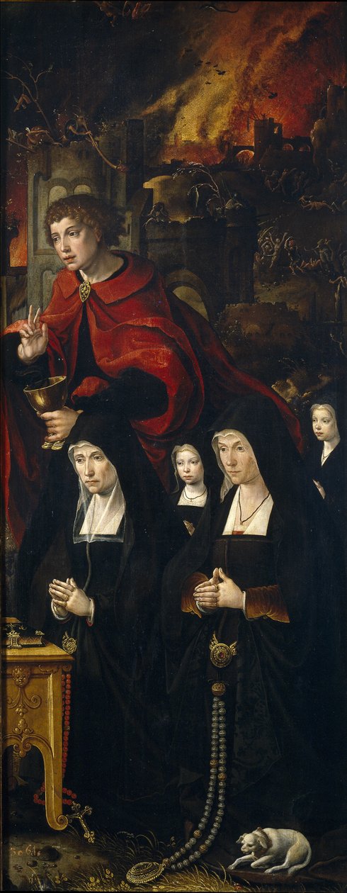 Święty Jan Ewangelista z dwiema kobietami i dwiema modlącymi się dziewczętami Prawy panel tri Sądu Ostatecznego autorstwa Pieter Coecke van Aelst