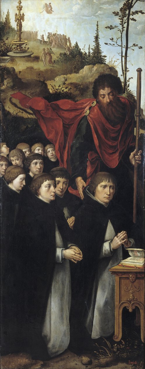 Apostoł św Jakub Wielki z kaznodziejami Prawy panel tryptyku Sąd Ostateczny autorstwa Pieter Coecke van Aelst