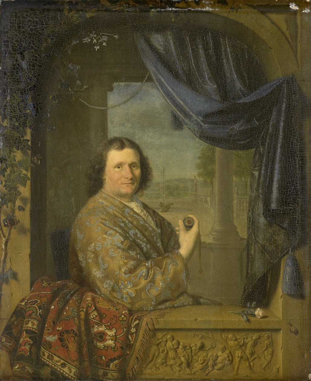 Portret mężczyzny trzymającego zegarek, 1688 autorstwa Pieter Cornelisz Slingelandt van