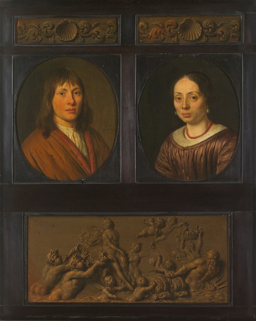 Portrety mężczyzny i kobiety oprawione w dwie miniatury ozdobne fryzowe z motywem muszli i Triumfem Amfitryty autorstwa Pieter Cornelisz. van Slingelandt