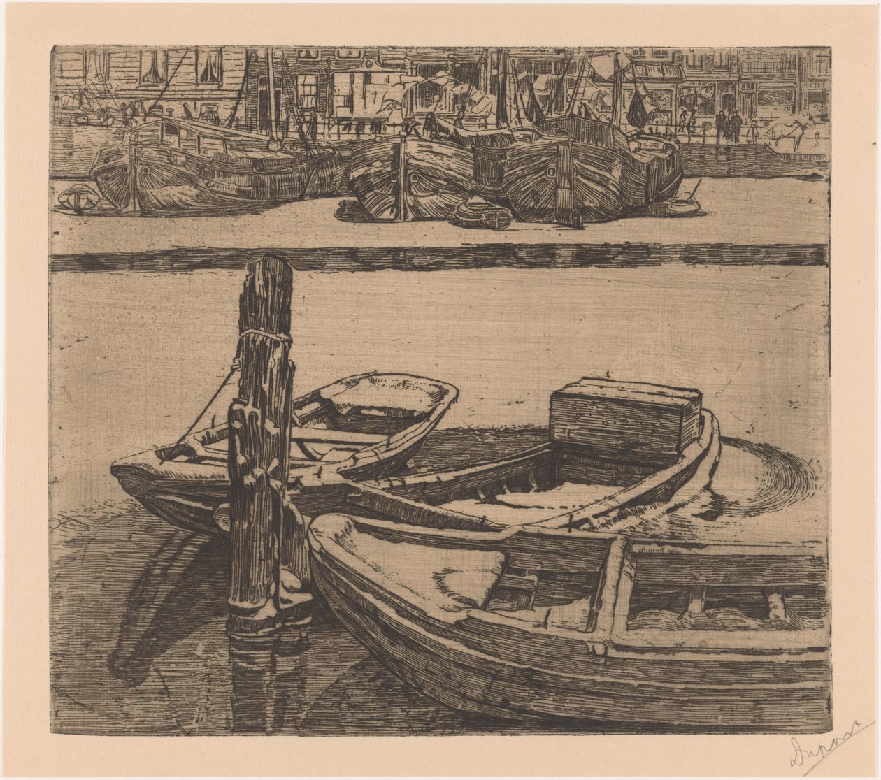 Statki w Damrak w Amsterdamie autorstwa Pieter Dupont (signed by artist)