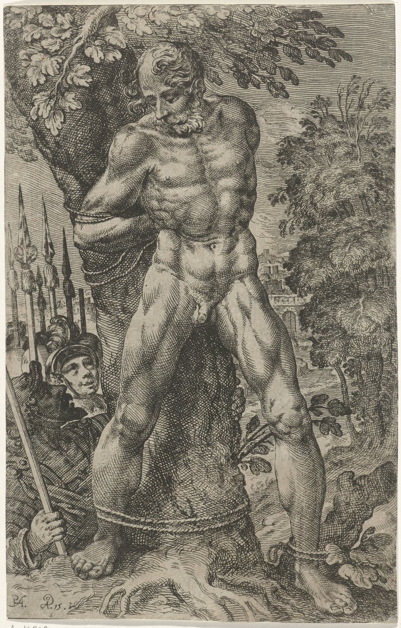 Achior przywiązany do drzewa autorstwa Pieter Feddes van Harlingen