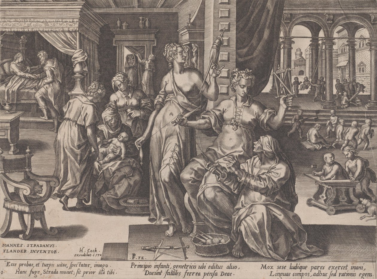 Narodziny dziecka, z cyklu życia ludzkiego, 1570. autorstwa Pieter Furnius