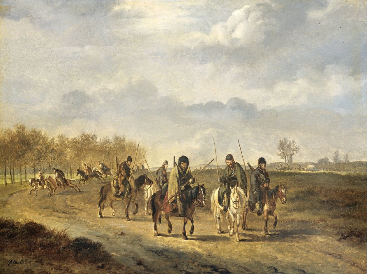 Kozacy na wiejskiej drodze w pobliżu Bergen w północnej Holandii, 1813 autorstwa Pieter Gerardus van Os